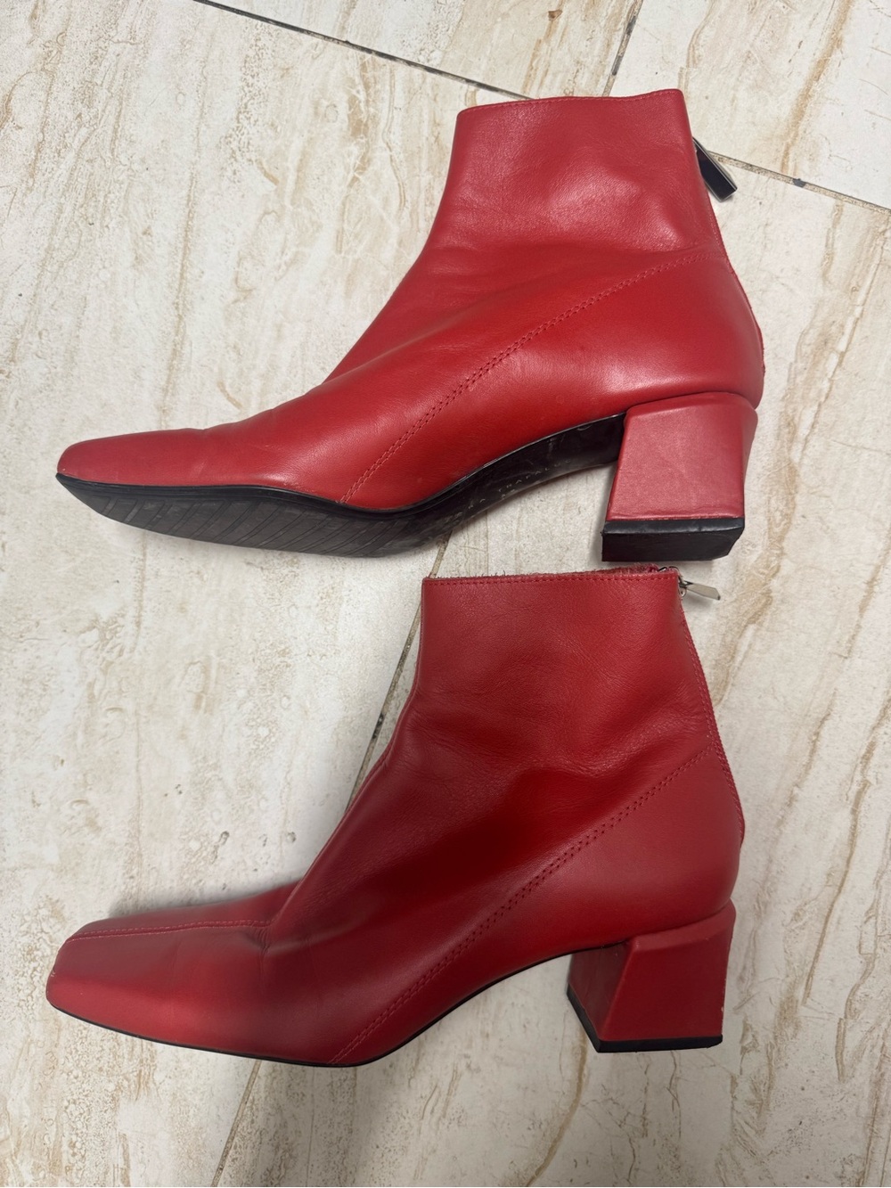 Zara Red Square-Toe Leather Ankle Boots - Picture 3 of 5